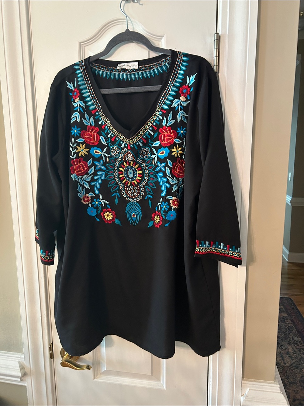 Embroidered Black V-Neck Tunic with Multicolor Floral Detail